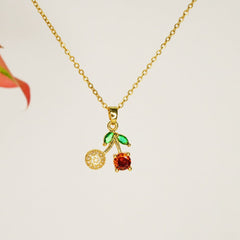 Cherry Pendant Necklace with Green Leaf Accents - Dainty Design