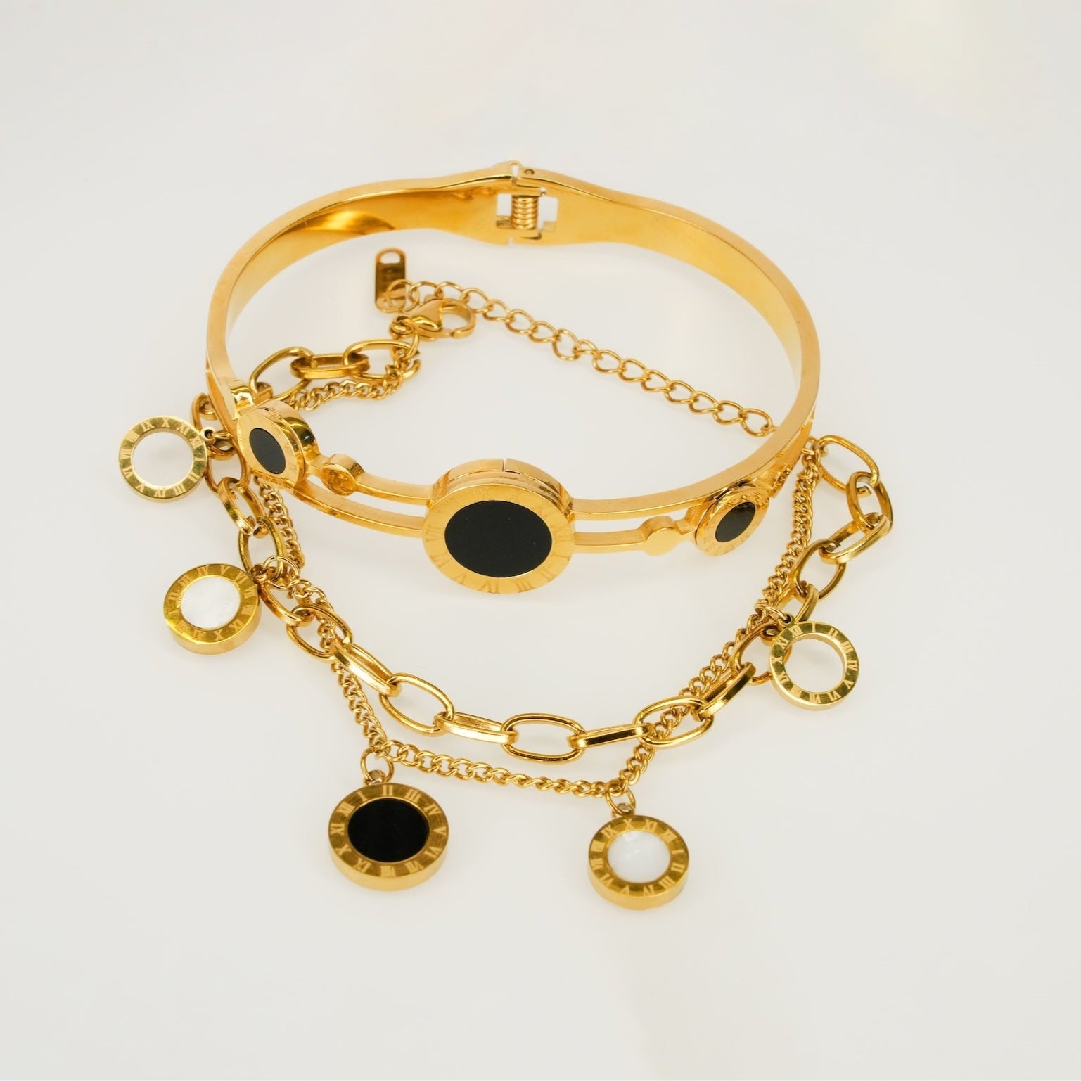 Dual Layer Black & White Enamel Charm Bracelet Combo - Dainty Design