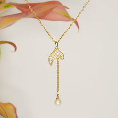 Mermaid Tail Pendant Necklace with Pearl Drop - Dainty Design