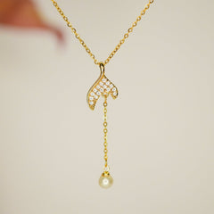 Mermaid Tail Pendant Necklace with Pearl Drop - Dainty Design