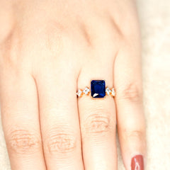Royal Blue Sapphire Emerald Cut Ring - Dainty Design