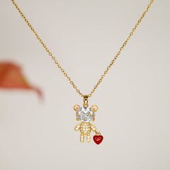 Teddy Bear Pendant Necklace with Heart Charm - Dainty Design