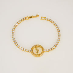 Tennis Crystal Bracelet with YSL Logo Charm - Dainty Design