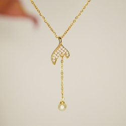 Mermaid Tail Pendant Necklace with Pearl Drop - Dainty Design