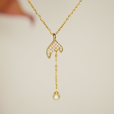 Mermaid Tail Pendant Necklace with Pearl Drop - Dainty Design