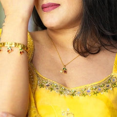 Cherry Pendant Necklace with Green Leaf Accents - Dainty Design