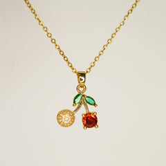 Cherry Pendant Necklace with Green Leaf Accents - Dainty Design