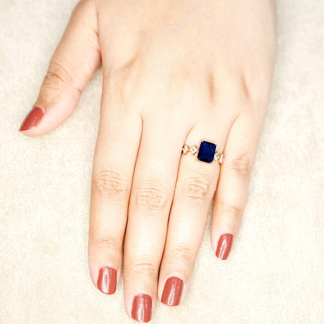 Royal Blue Sapphire Emerald Cut Ring - Dainty Design
