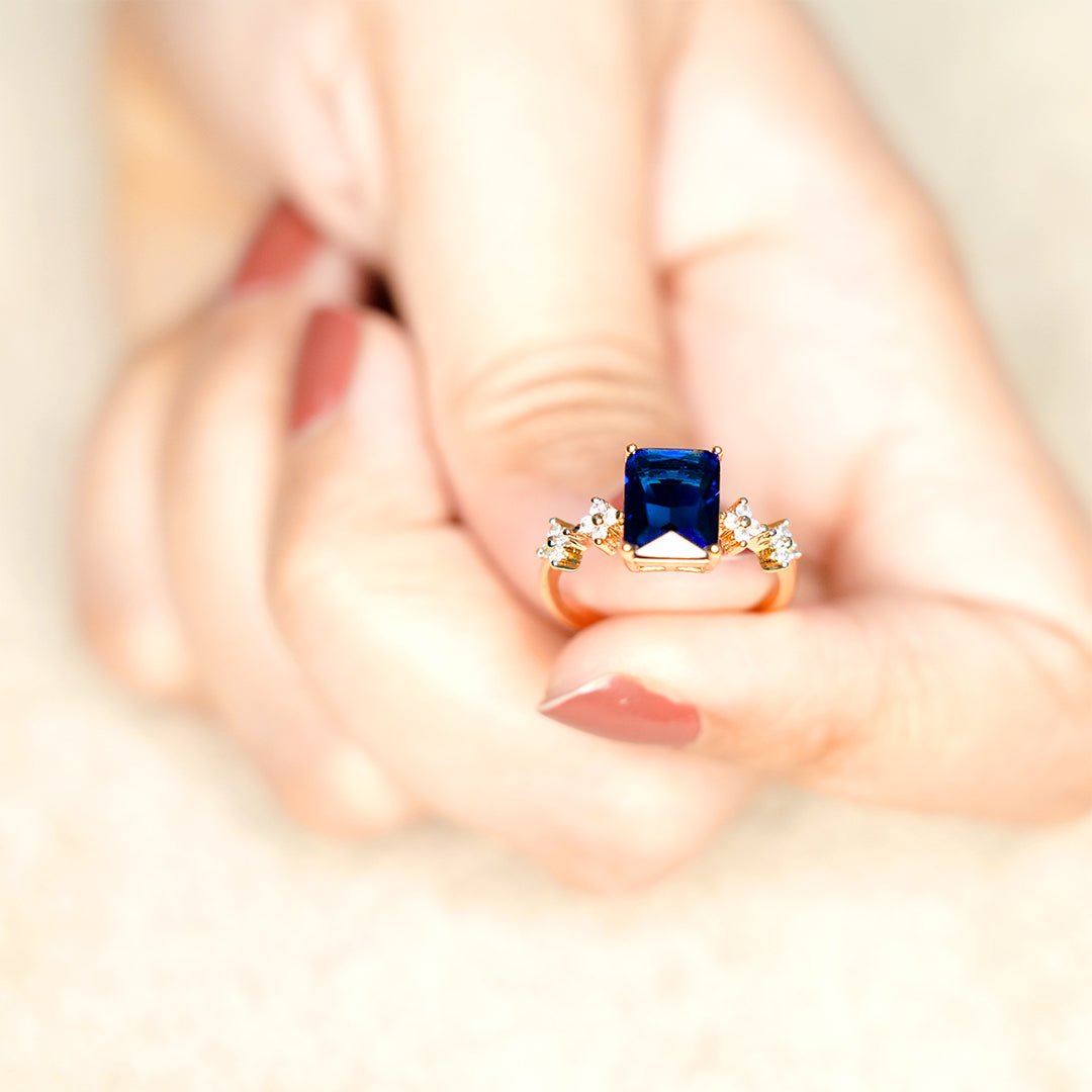Royal Blue Sapphire Emerald Cut Ring - Dainty Design
