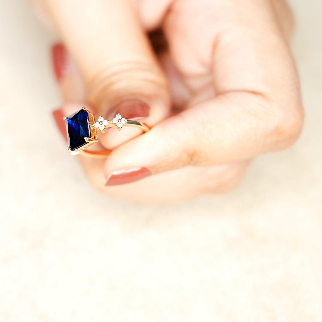 Royal Blue Sapphire Emerald Cut Ring - Dainty Design
